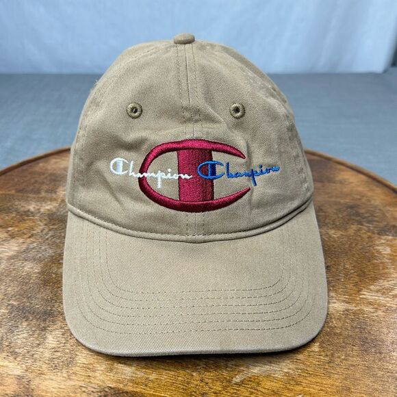 Champion Hat Tan Embroidered Baseball Cap Strapback Adjustable Spellout Neutral - Picture 1 of 11